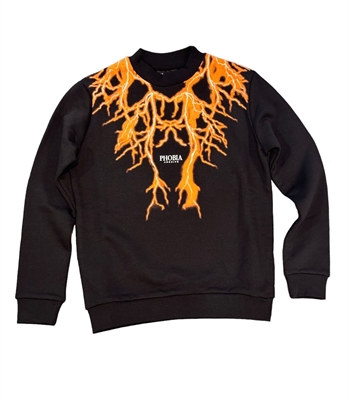 PHOBIA BLACK CREWNECK WITH ORANGE FLUO LIGHTNING PRINT PHK00628