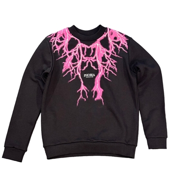 PHOBIA BLACK CREWNECK WITH PINK FLUO LIGHTNING PRINT PHK00629